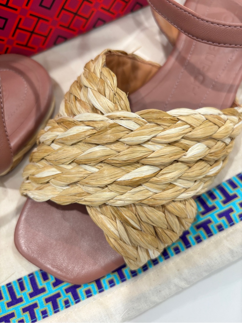Tory Burch Kira Braided Raffia Slide Sandals with Mauve Leather Strap Size 8.5. - Picture 9 of 11